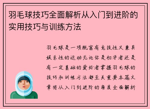 羽毛球技巧全面解析从入门到进阶的实用技巧与训练方法