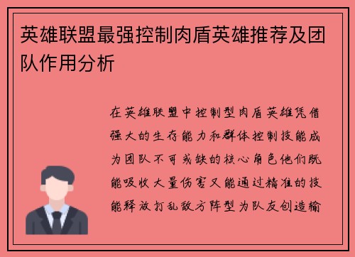 英雄联盟最强控制肉盾英雄推荐及团队作用分析