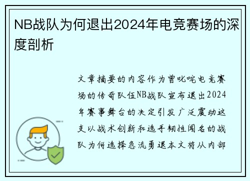 NB战队为何退出2024年电竞赛场的深度剖析